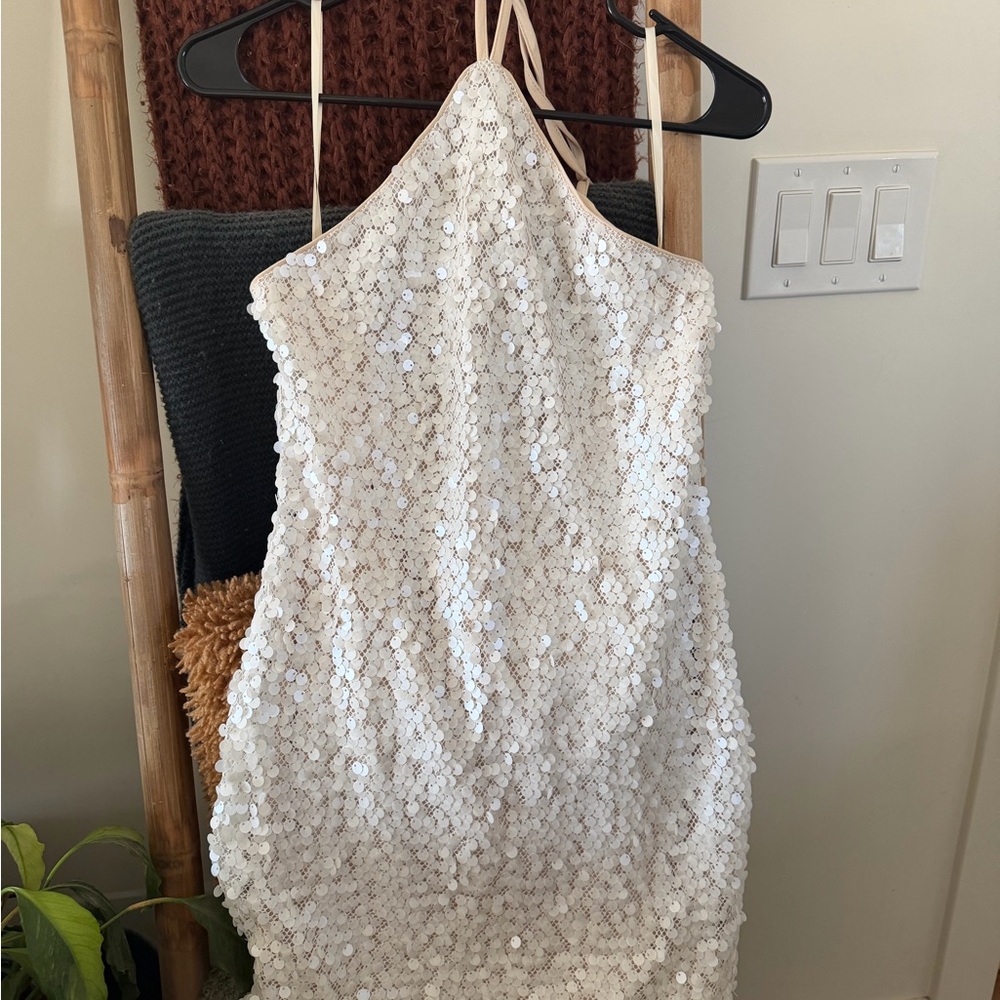 Sequined Cream Halter Mini Dress